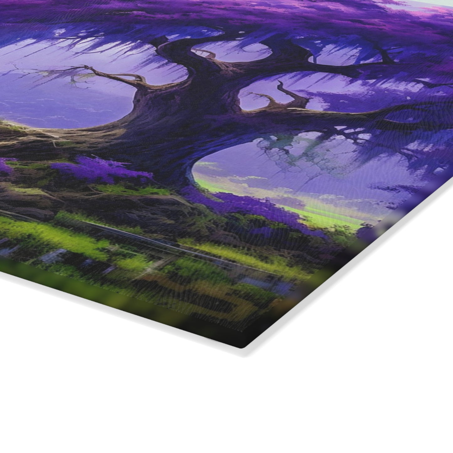 Purple Fantasy Tree Glass Cutting Board — Decorative Kitchen Glass Chopping Board