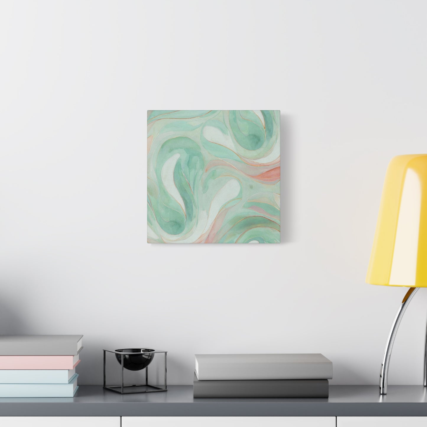 Abstract Green Marble Canvas Print — Teal & Coral Swirl Wall Art