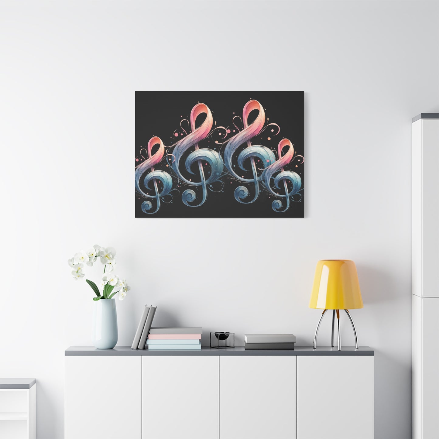 Musical Treble Clef Canvas Wall Art — Pastel Ribbon Notes on Black