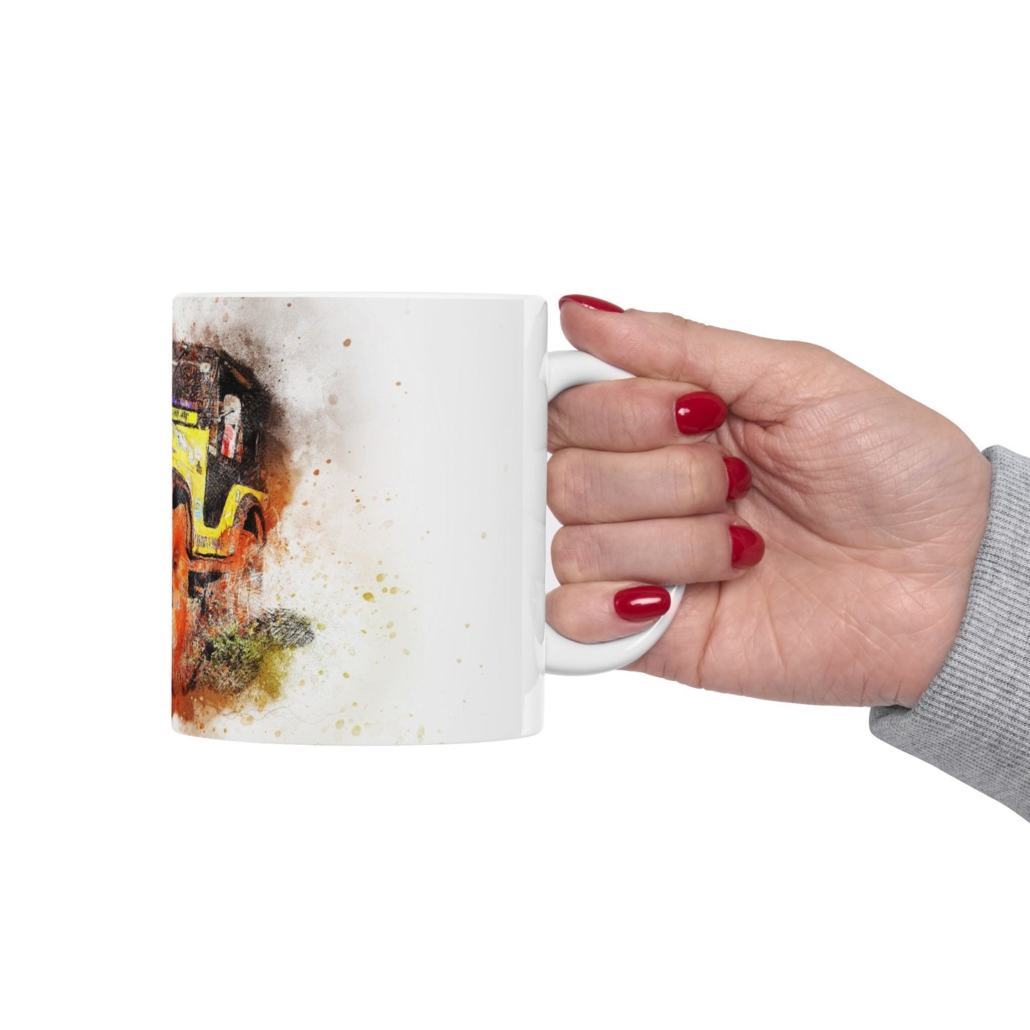 Vintage Jeep Art Ceramic Mug — Rustic Yellow Off-Road Truck Coffee Cup (11oz, 15oz)