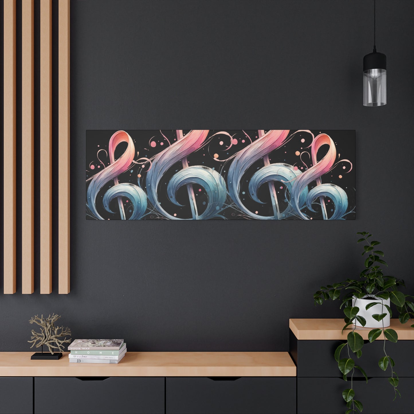 Musical Treble Clef Canvas Wall Art — Pastel Ribbon Notes on Black