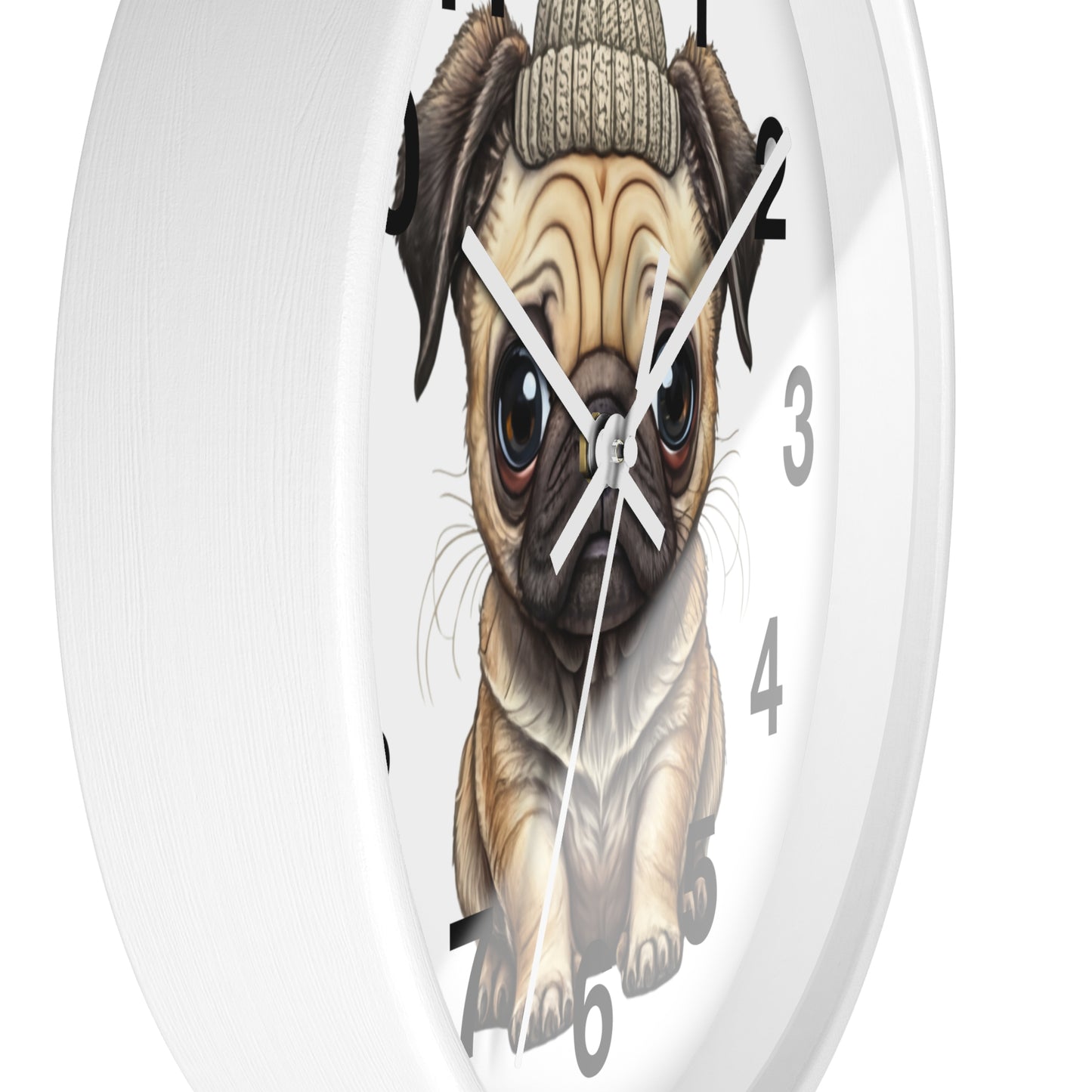 Cute Pug Wall Clock — Adorable Pug Puppy in Beanie Decorative Clock for Dog Lovers