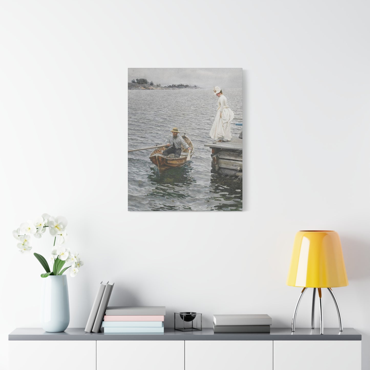 Seaside Stroll Canvas Print — Vintage Woman & Rowboat Matte Stretched Art 1.25"