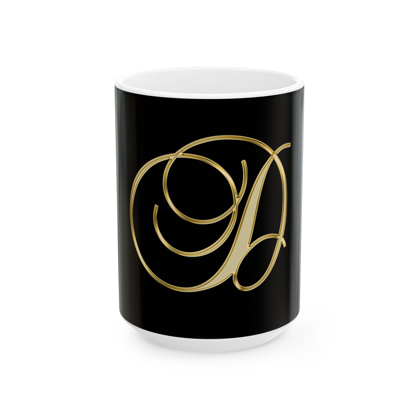 Gold Script Letter D Mug - Elegant Monogram Ceramic Coffee Cup (11oz, 15oz)