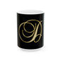 Gold Script Letter D Mug - Elegant Monogram Ceramic Coffee Cup (11oz, 15oz)