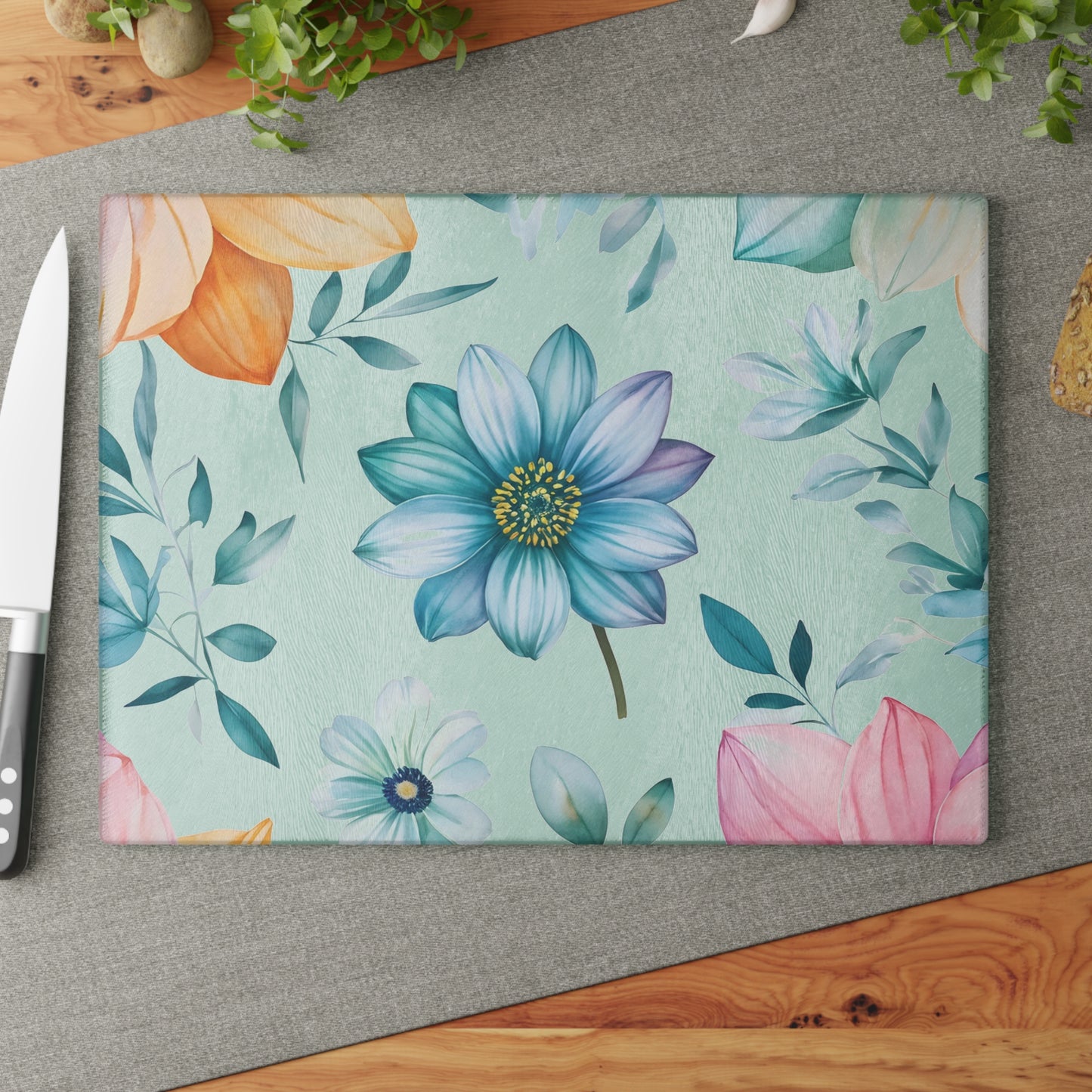 Floral Glass Cutting Board — Pastel Blue Watercolor Flowers