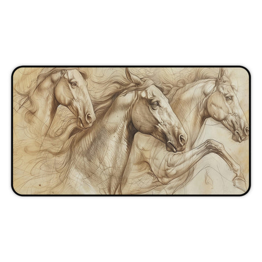 Running Horses Desk Mat — Vintage Sketch Horse Mouse Pad for Equestrian Desks