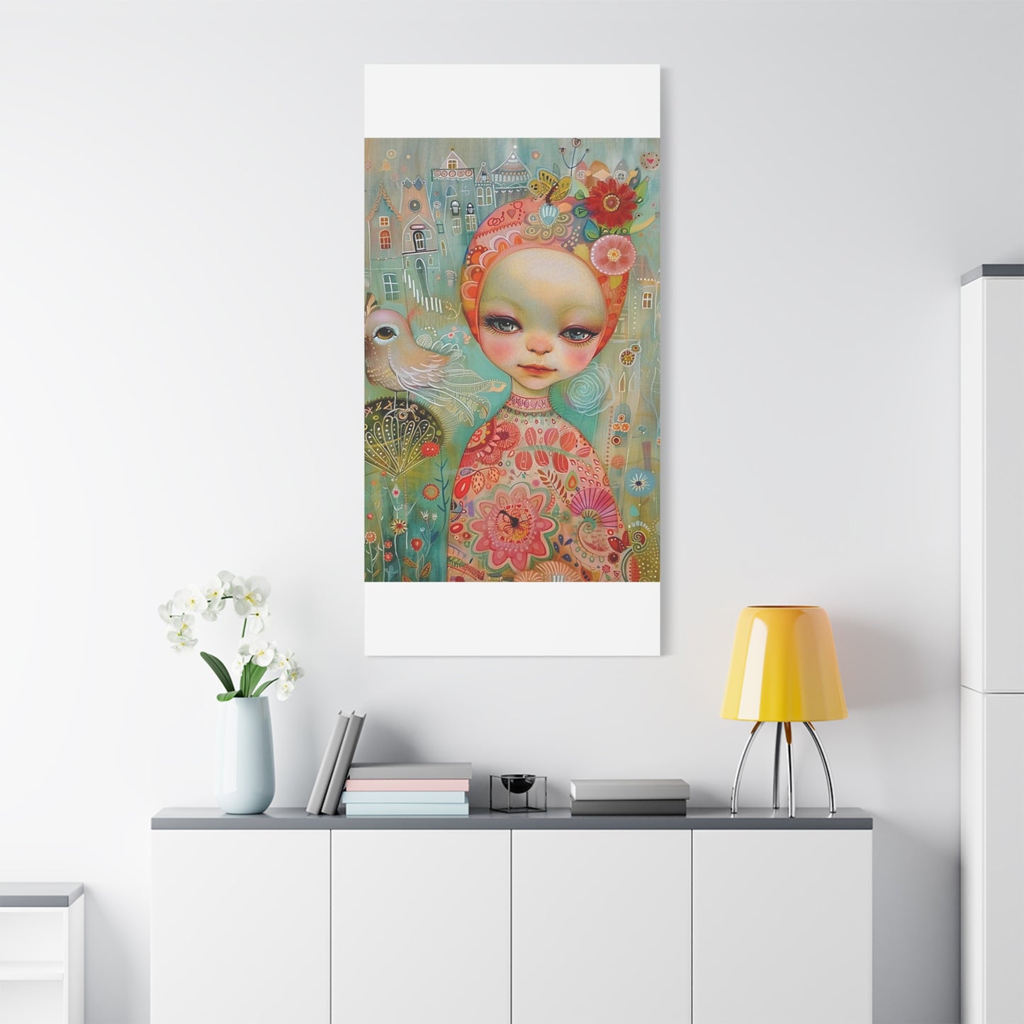 Whimsical Girl & Bird Matte Canvas Wall Art — Stretched Decorative Painting