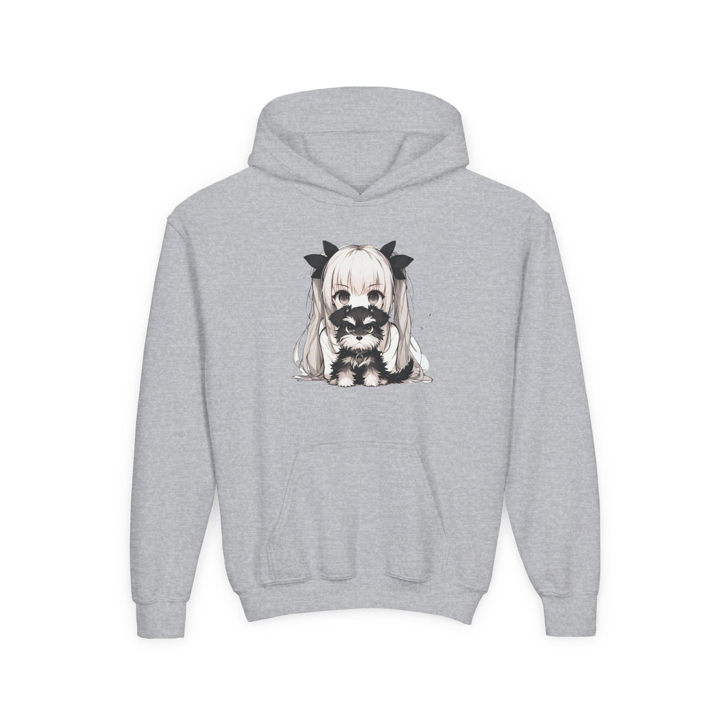 Cute Anime Girl & Puppy Youth Hoodie — Kawaii Kids Pullover for Anime Fans
