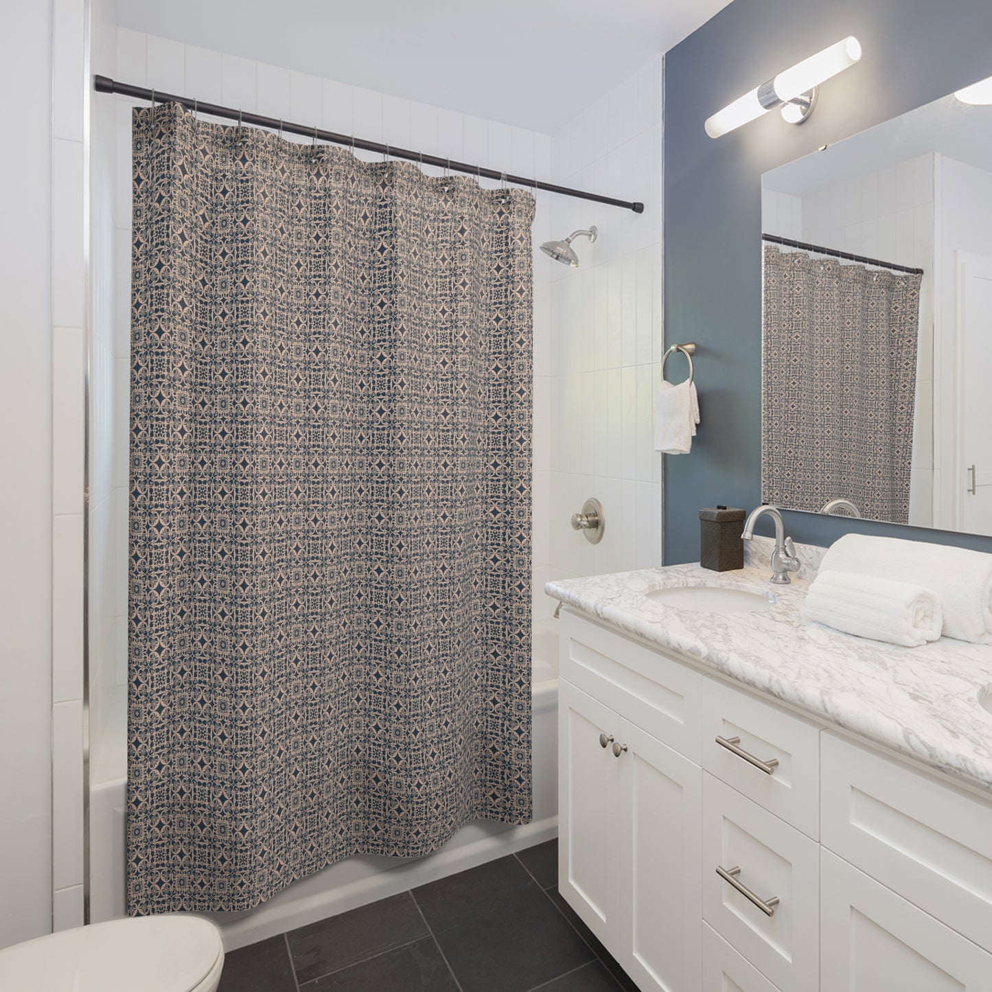Moroccan Tile Pattern Shower Curtain — Navy Geometric Bathroom Décor