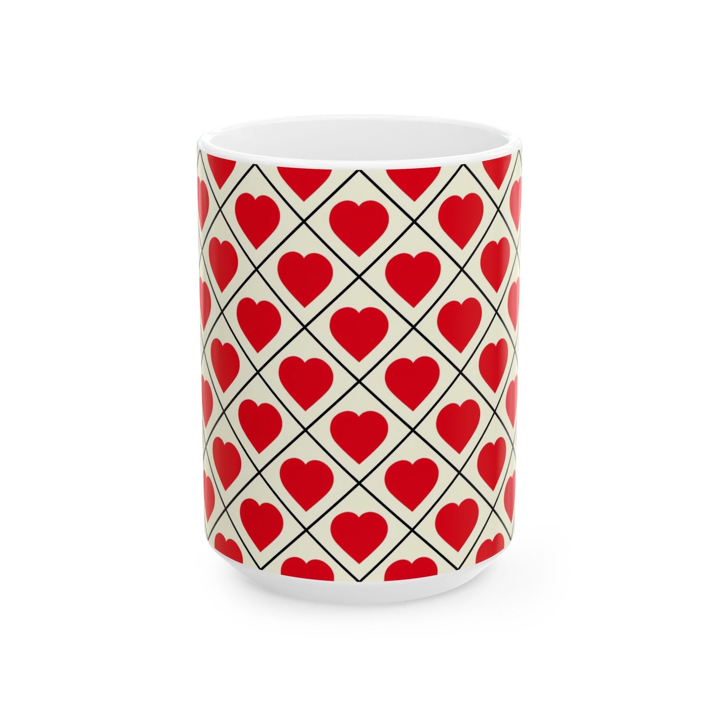 Heart Pattern Ceramic Mug – Red Hearts Grid Coffee Cup (11oz, 15oz)