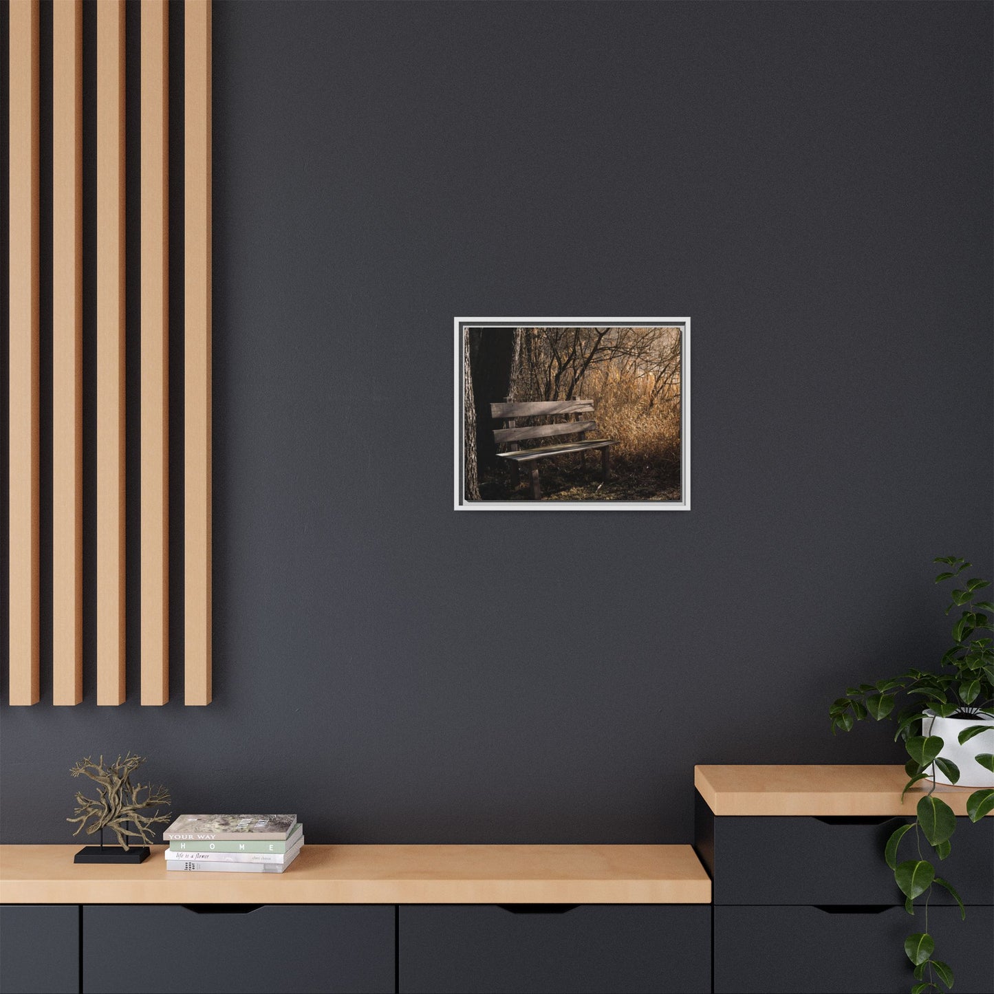 Framed Matte Canvas Print — Autumn Park Bench Photography
