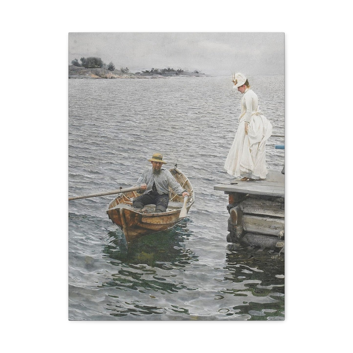 Seaside Stroll Canvas Print — Vintage Woman & Rowboat Matte Stretched Art 1.25"