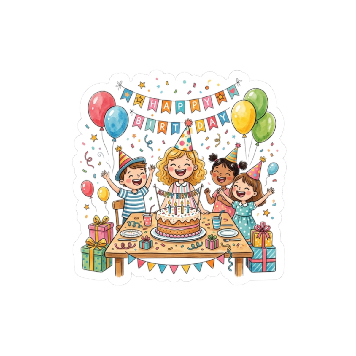 Birthday Party Kids Sticker — Happy Birthday Cake Celebration Kiss-Cut Sticker