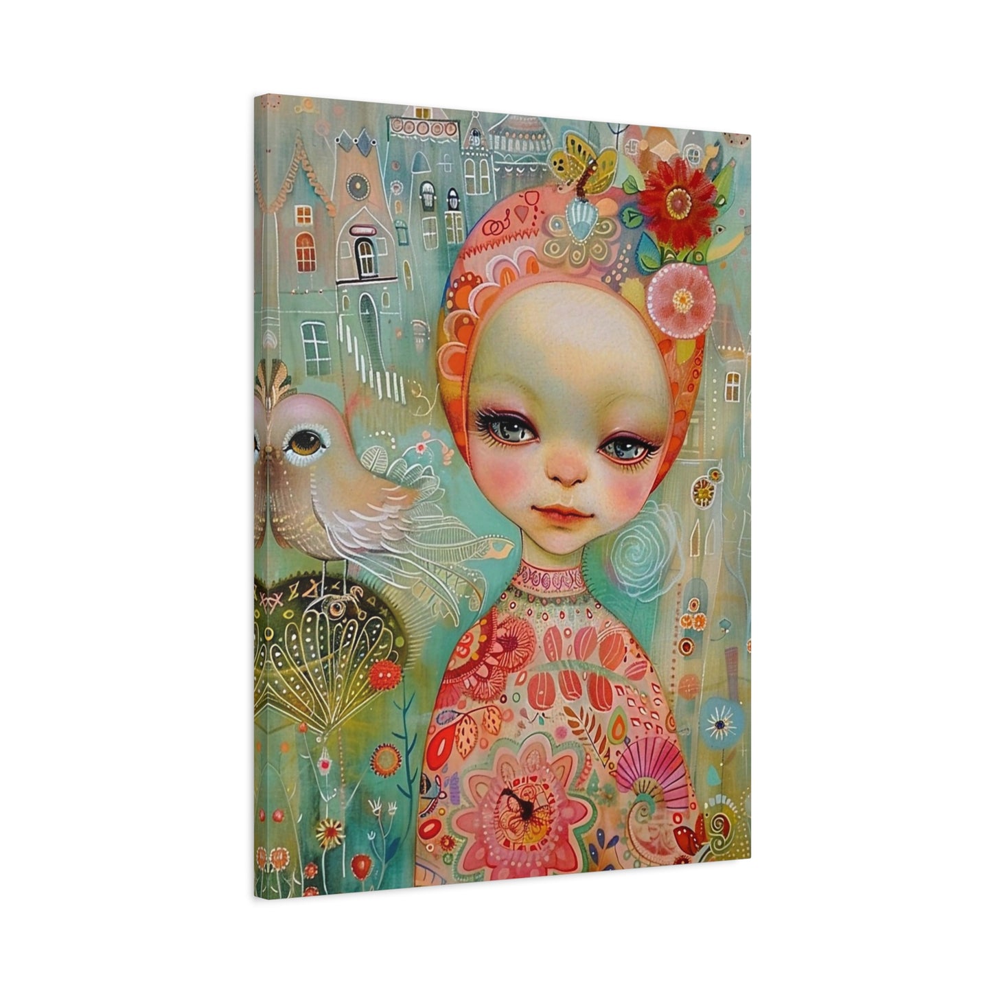 Whimsical Girl & Bird Matte Canvas Wall Art — Stretched Decorative Painting