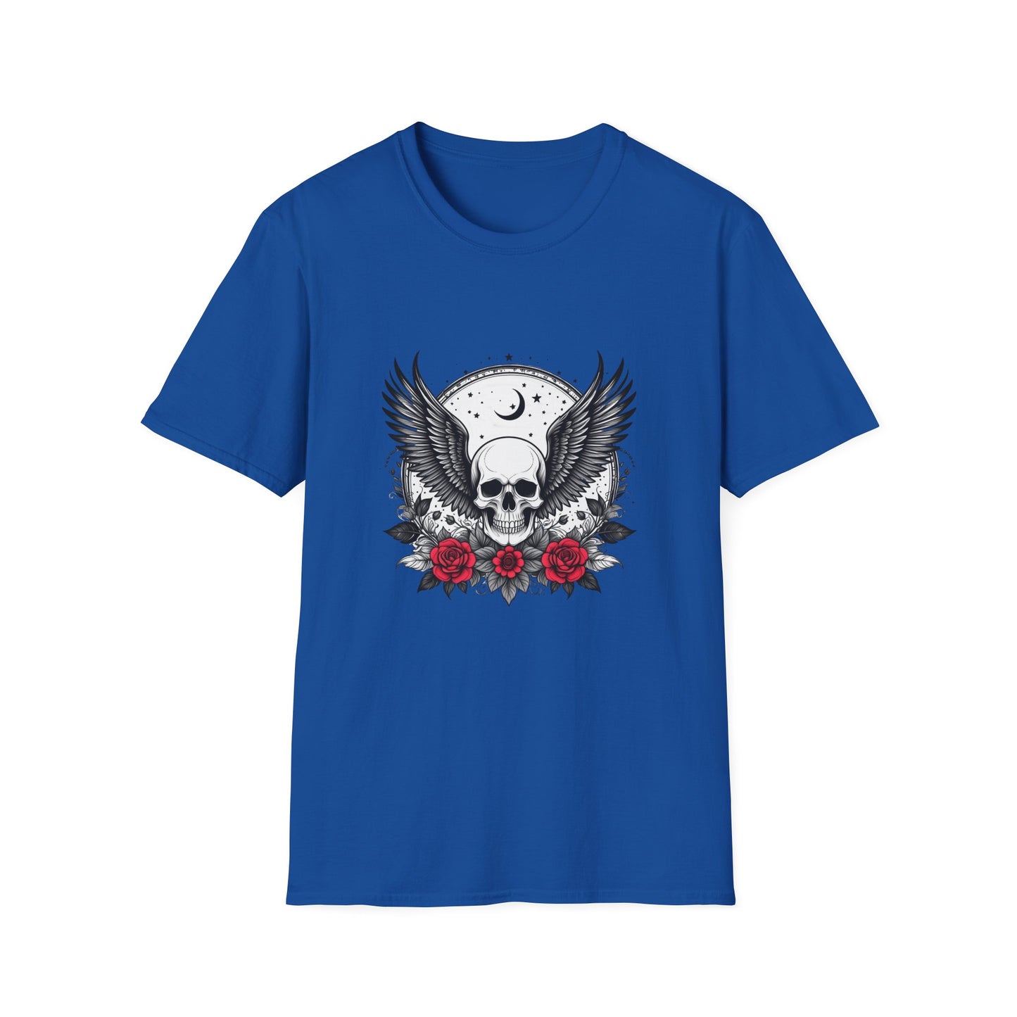 Skull Wings T‑Shirt – Crescent Moon & Red Roses Gothic Graphic Tee