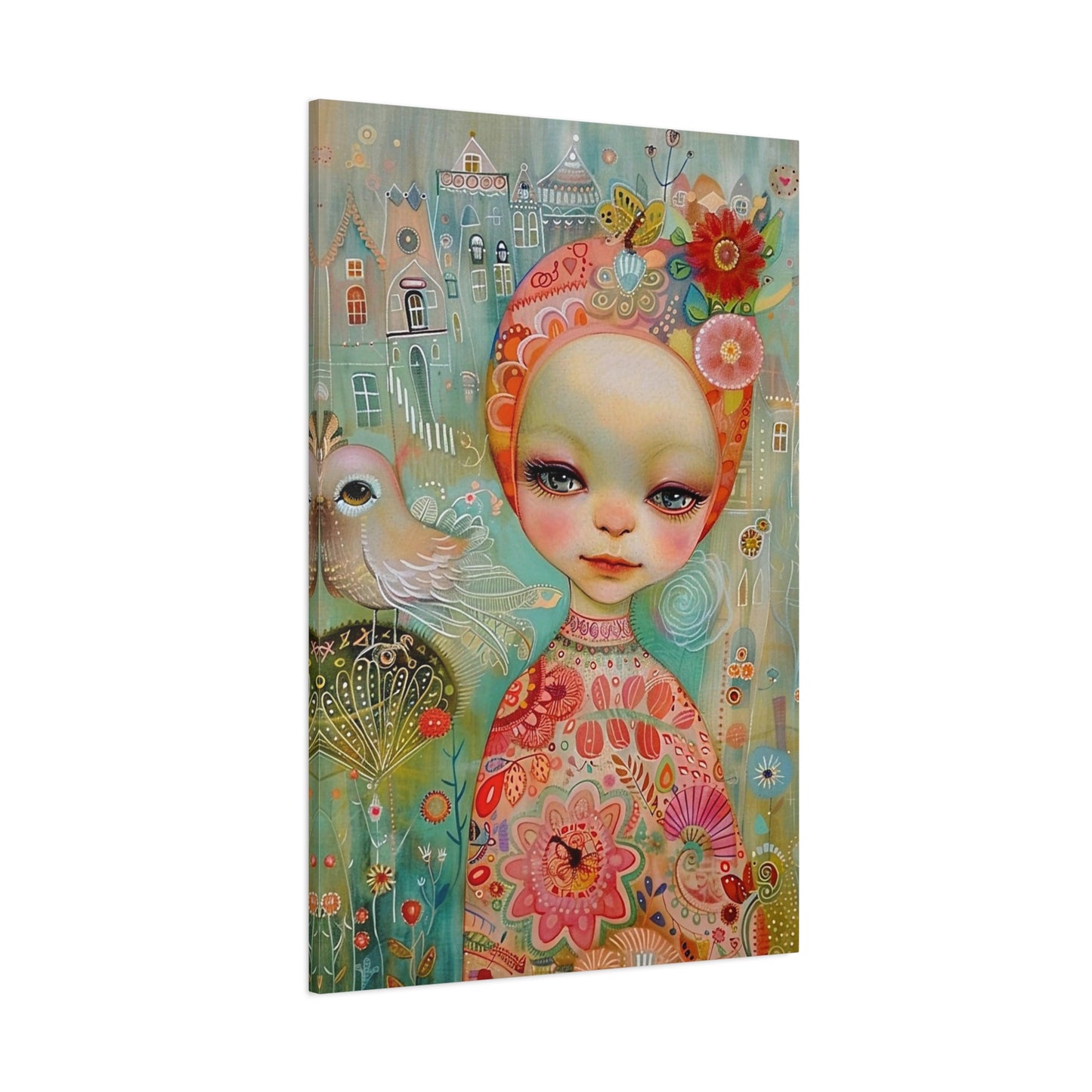 Whimsical Girl & Bird Matte Canvas Wall Art — Stretched Decorative Painting