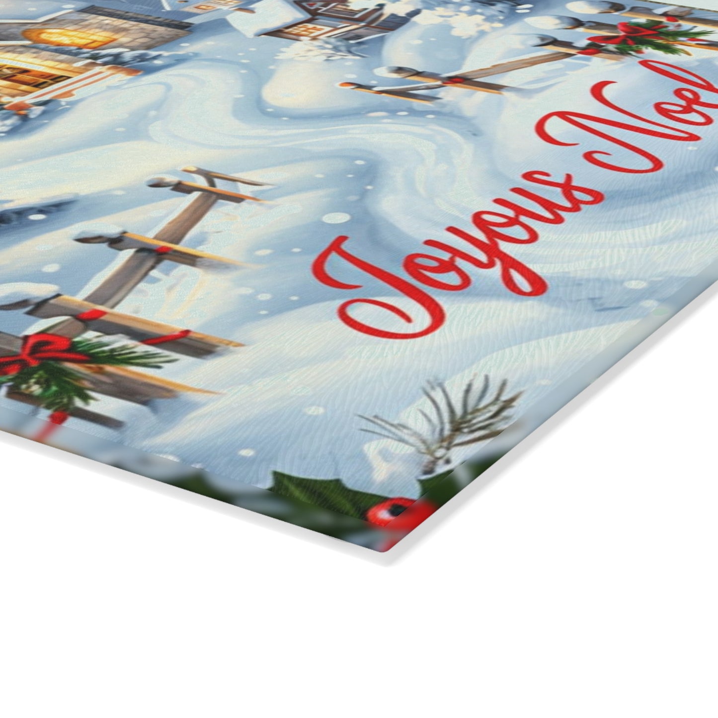 Glass Cutting Board — Joyeux Noël Winter Church Scene Holiday Kitchen Decor