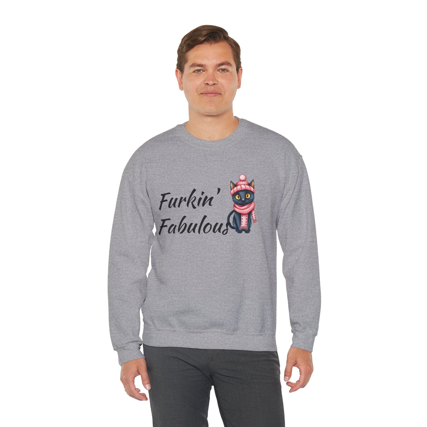 Crewneck Sweatshirt — "Furkin' Fabulous" Cute Black Cat in Pink Hat & Scarf
