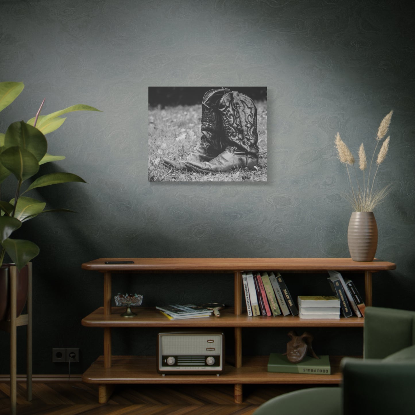 Western Cowboy Boots Matte Canvas Wall Art – Black & White Rustic Country Decor