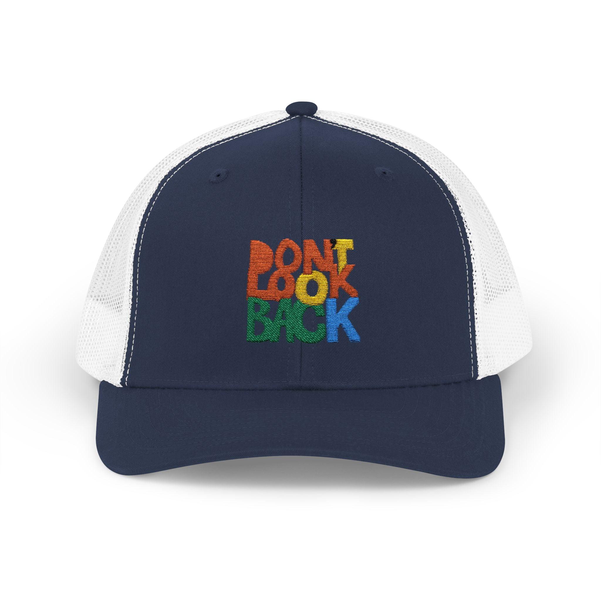 Don’t Look Back Snapback Trucker Cap — Retro Rainbow Embroidered Hat