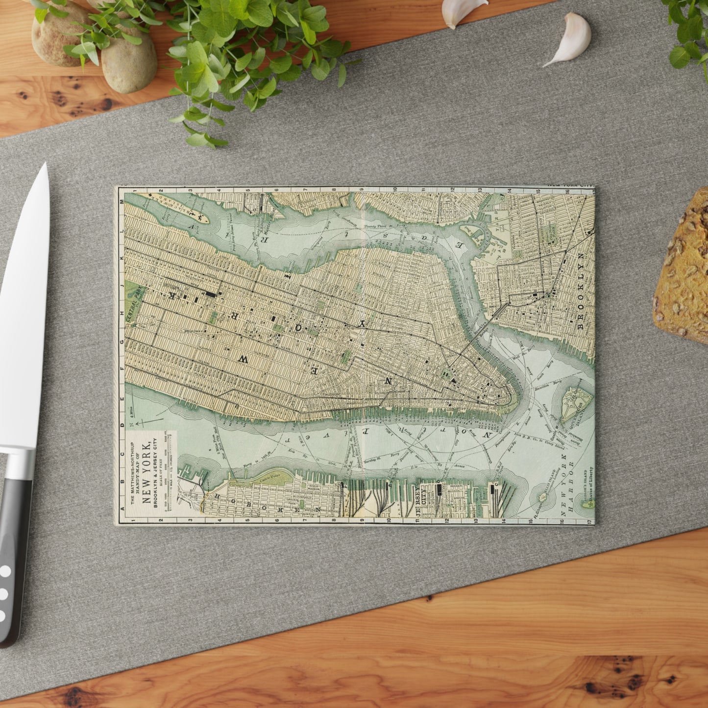 Vintage Map Glass Cutting Board — Antique New York City Map Kitchen Board