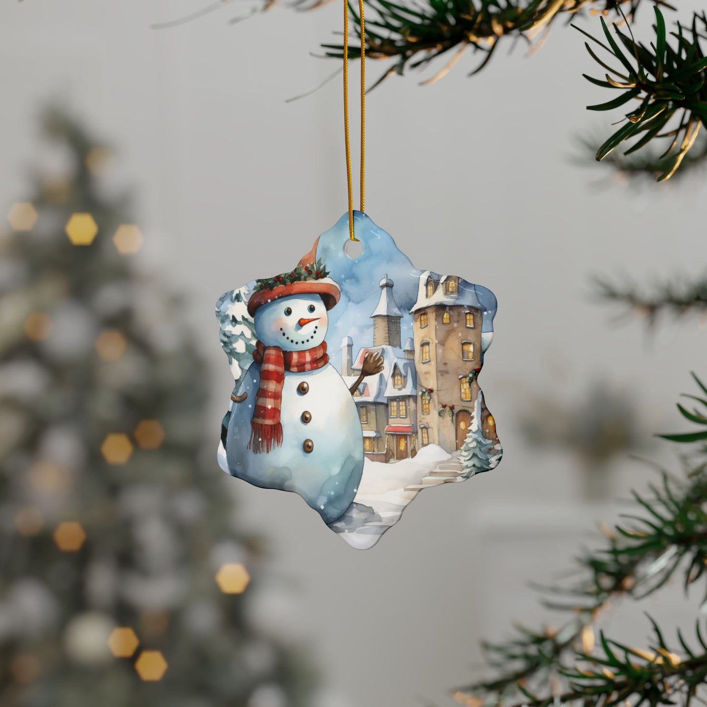Snowman Village Ceramic Ornament — Double-Sided Christmas Tree Decoration