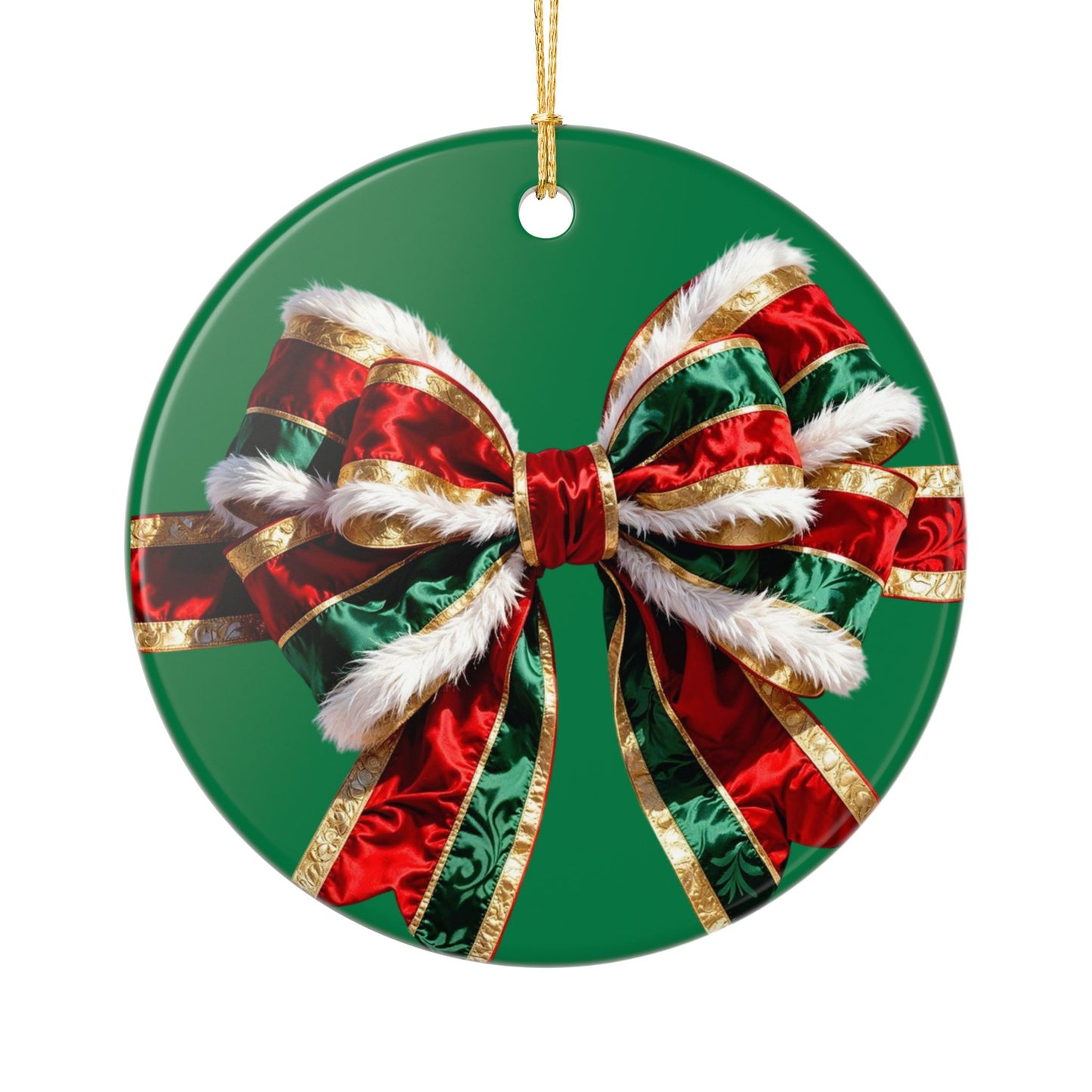 Festive Red & Green Ribbon Ceramic Ornament — Double-Sided Christmas Tree Decoration
