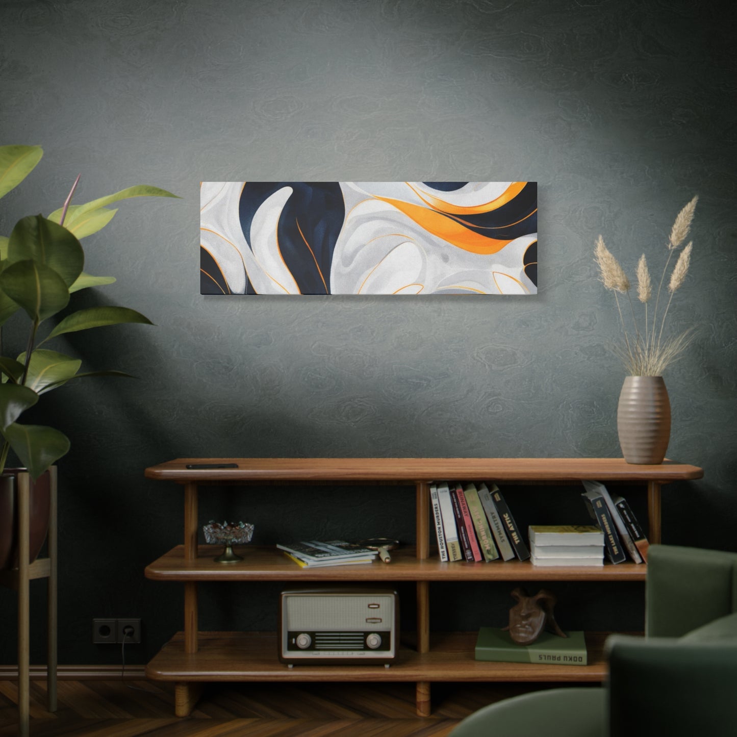 Abstract Fluid Art Matte Canvas Print — Navy, Gold & White Stretched Wall Art