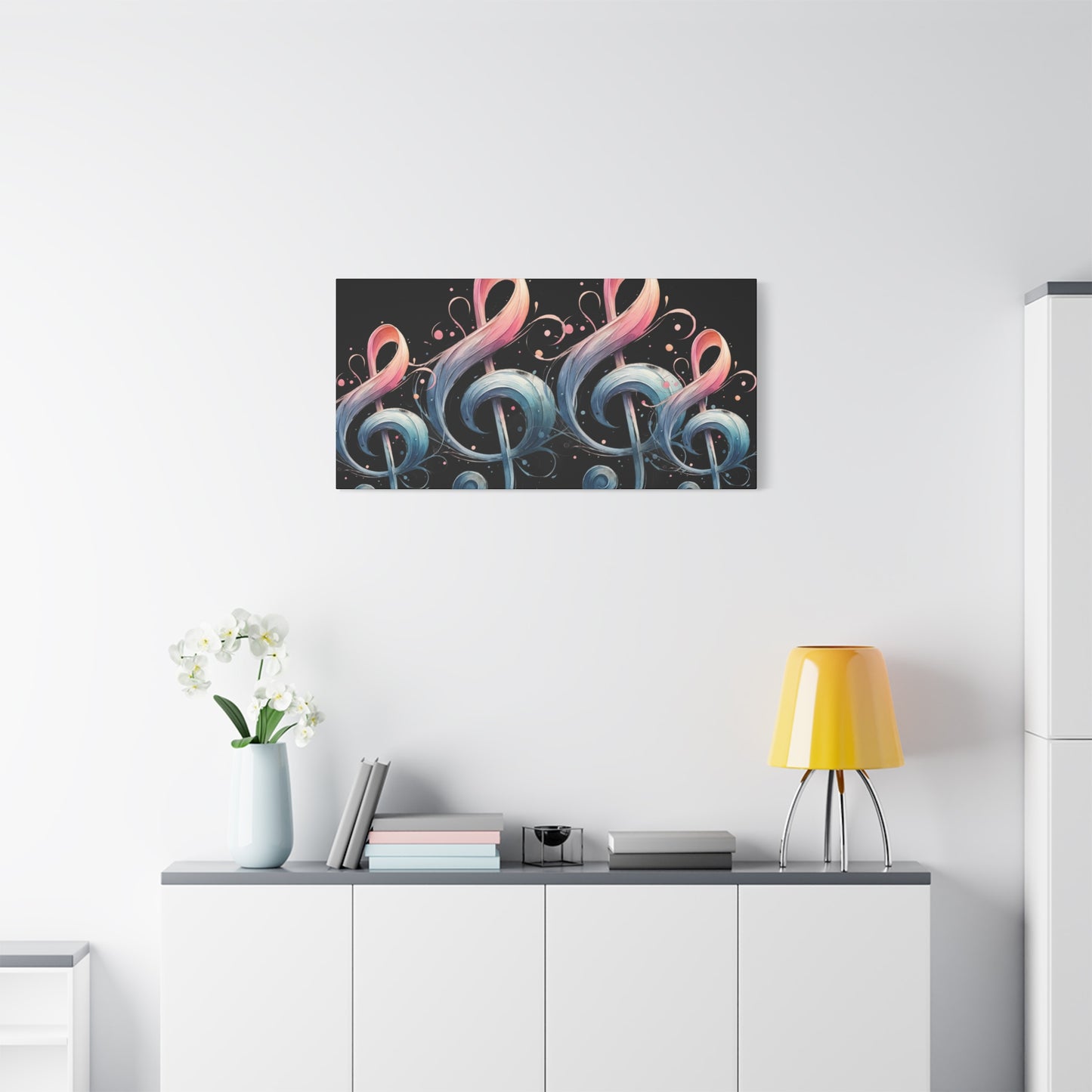 Musical Treble Clef Canvas Wall Art — Pastel Ribbon Notes on Black