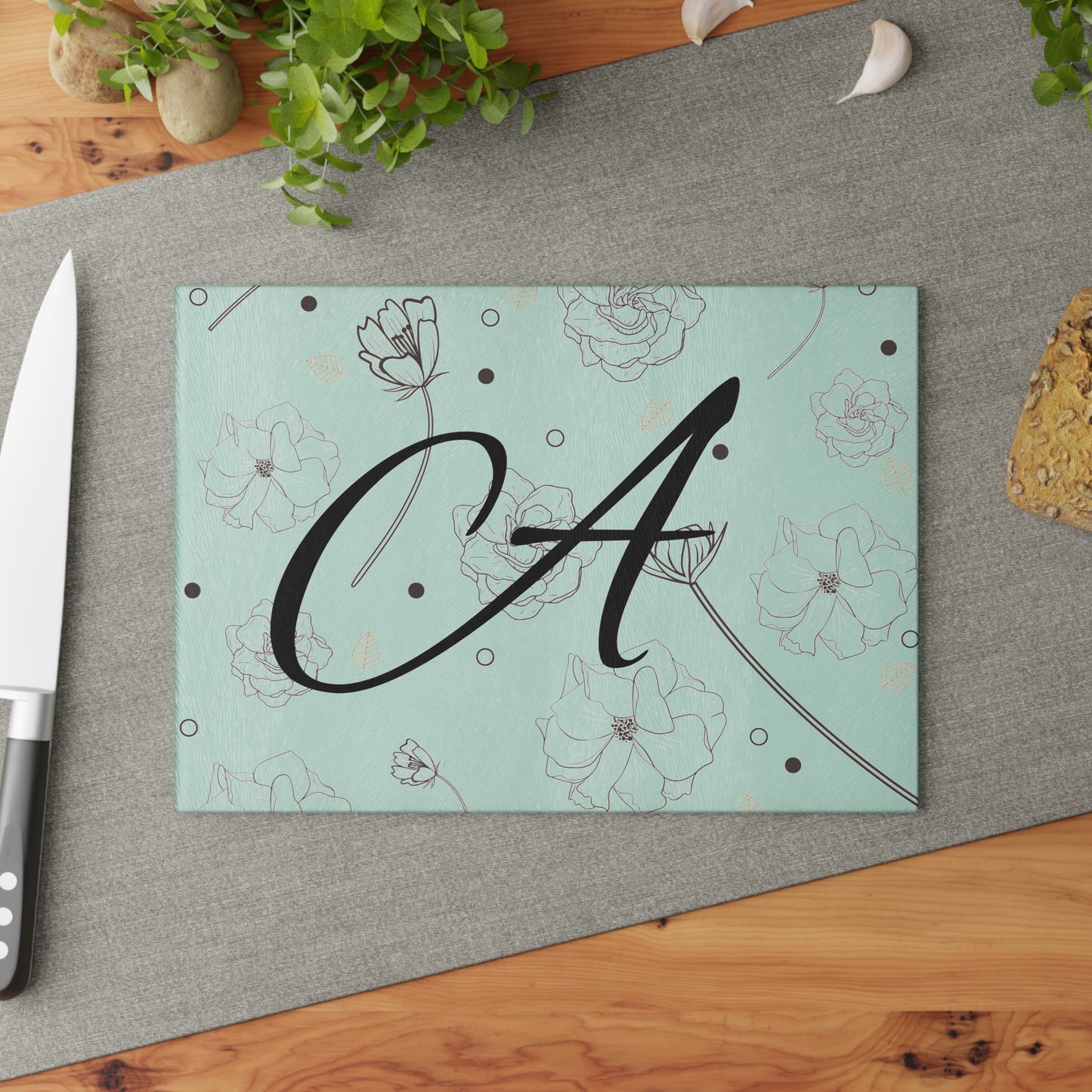 Personalized Floral Glass Cutting Board - Letter A