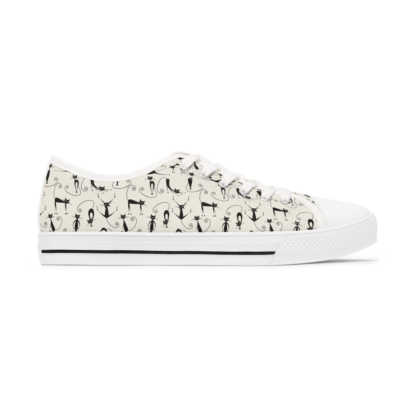 Low Top Sneakers — Vintage Black Cat Pattern Women’s Canvas Shoes
