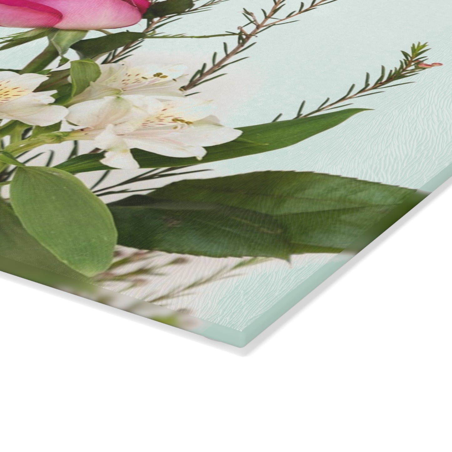 Floral Glass Cutting Board — Pink Rose on Mint Kitchen Prep Surface