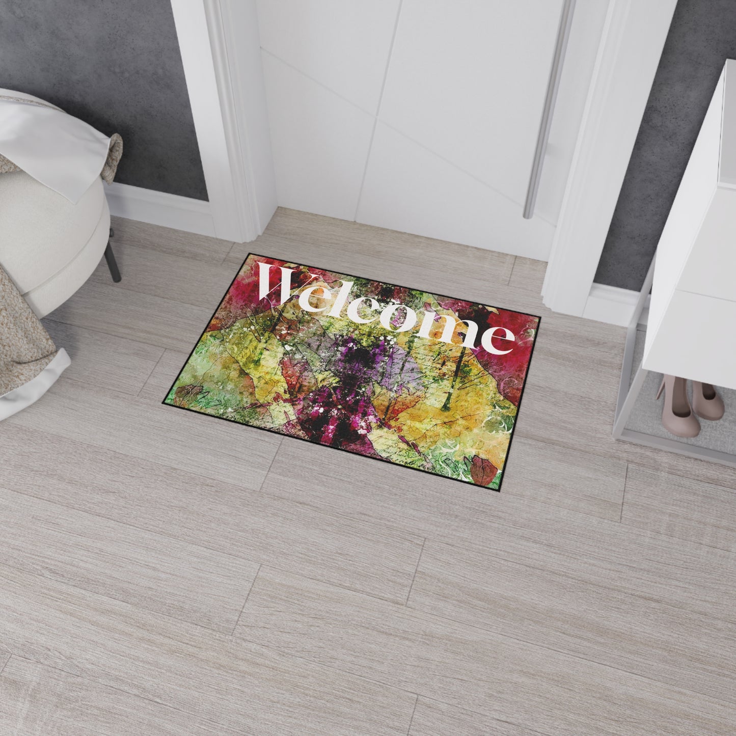 Welcome Floral Heavy Duty Floor Mat — Colorful Abstract Entry Rug