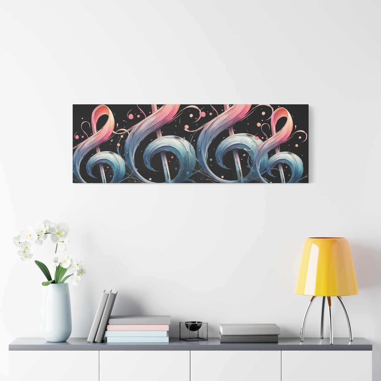 Musical Treble Clef Canvas Wall Art — Pastel Ribbon Notes on Black