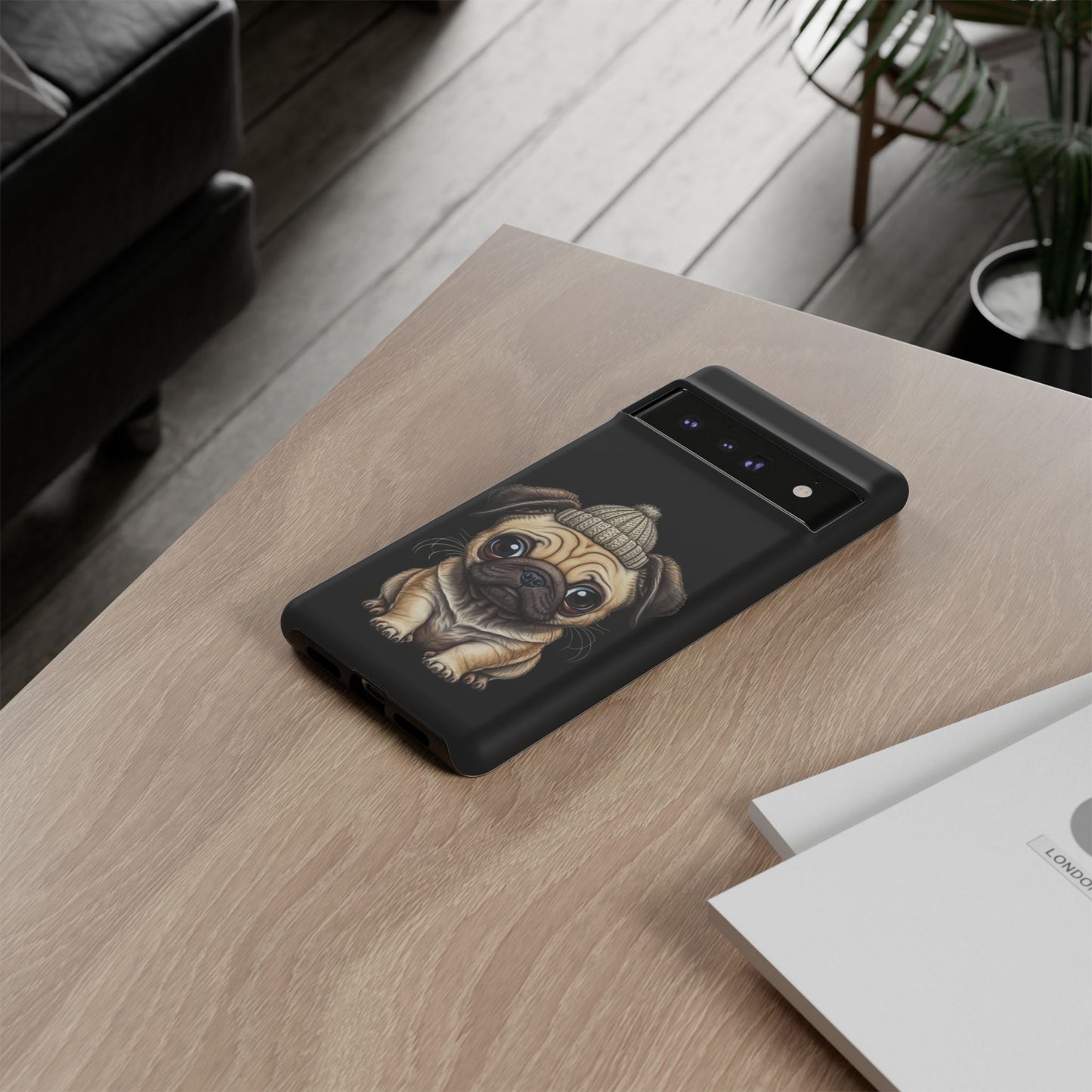 Pug Phone Case – Cute Pug Puppy Illustration on Black Tough Case