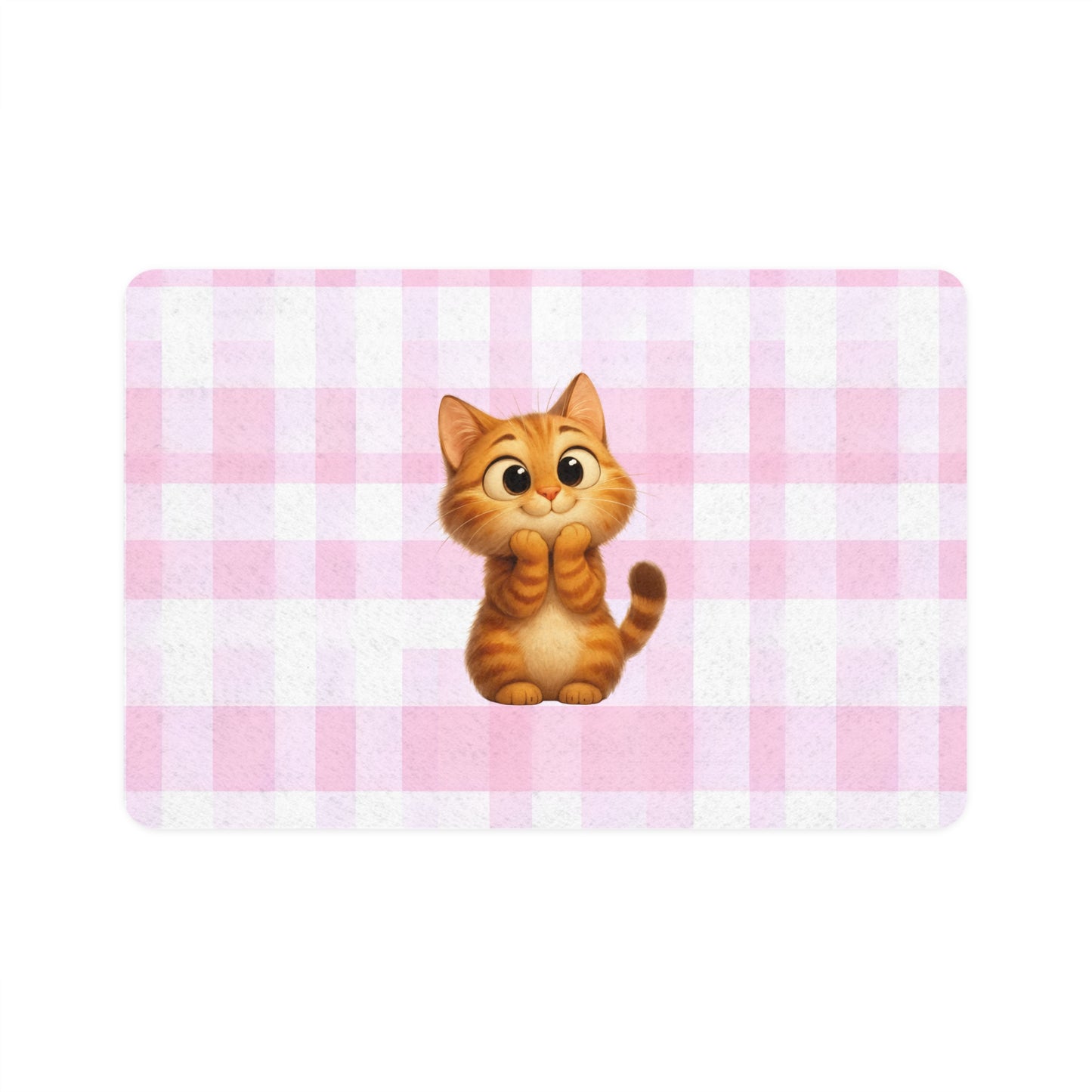 Cute Ginger Kitten Pet Food Mat (12x18) — Pink Gingham Cat Feeding Mat
