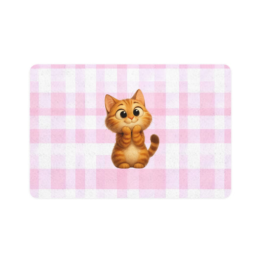 Cute Ginger Kitten Pet Food Mat (12x18) — Pink Gingham Cat Feeding Mat