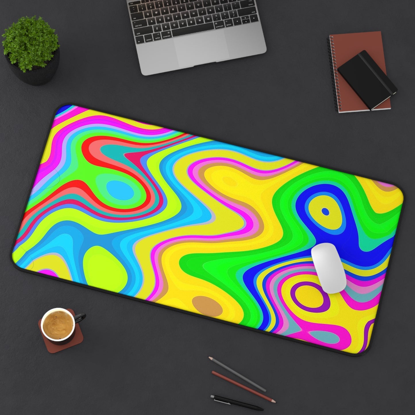 Psychedelic Swirl Desk Mat — Bright Retro Abstract Mouse Pad