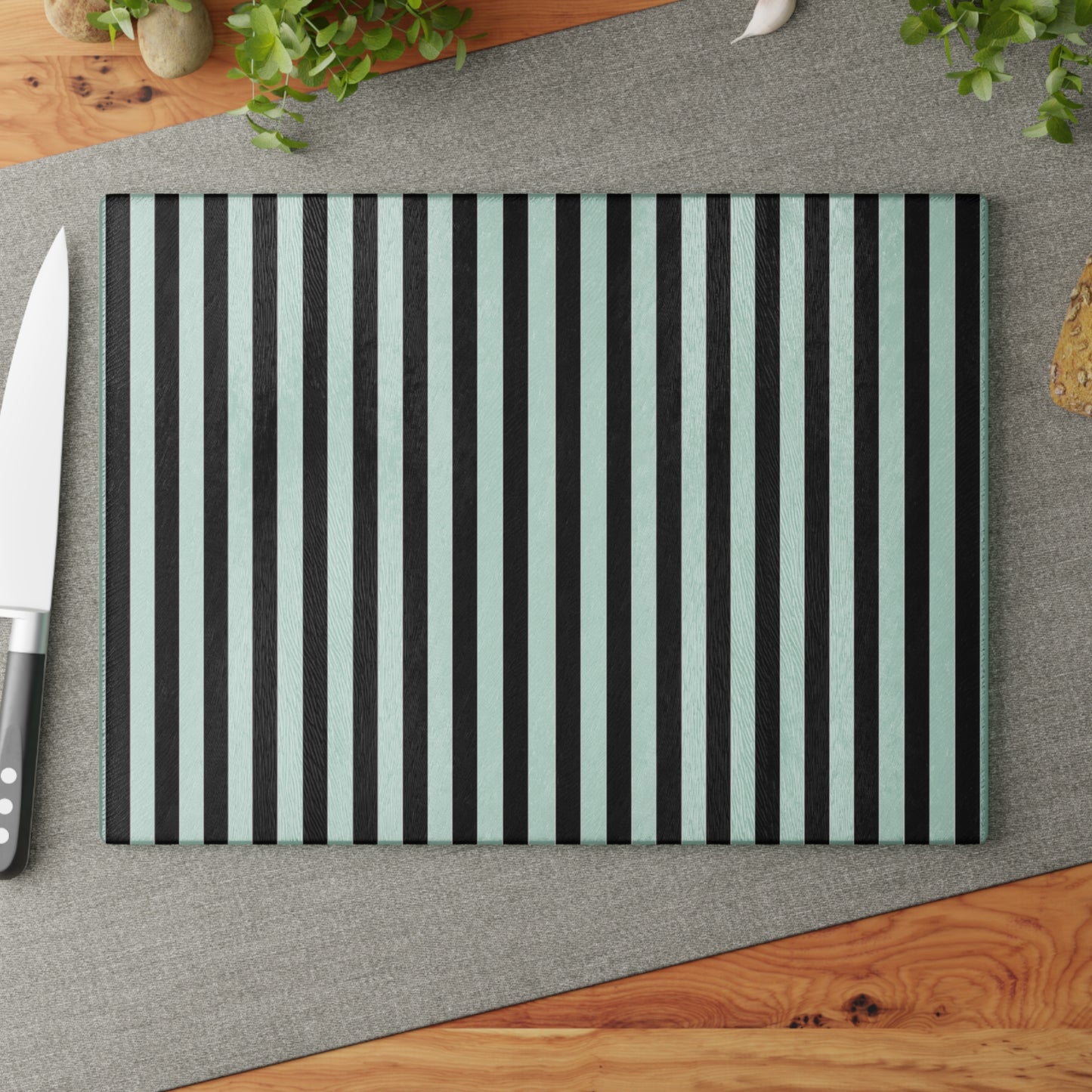 Striped Glass Cutting Board – Black & Mint Vertical Stripe Kitchen Board