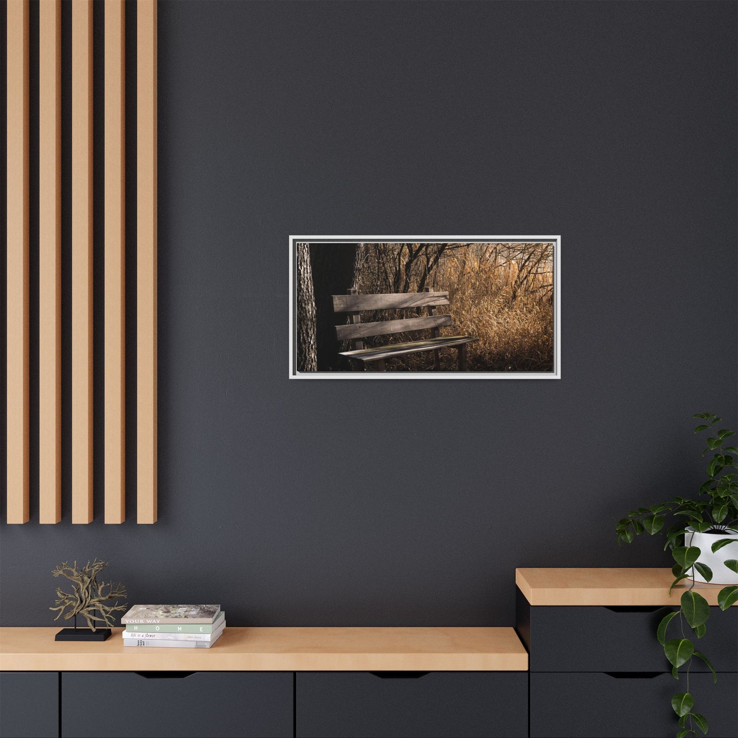 Framed Matte Canvas Print — Autumn Park Bench Photography