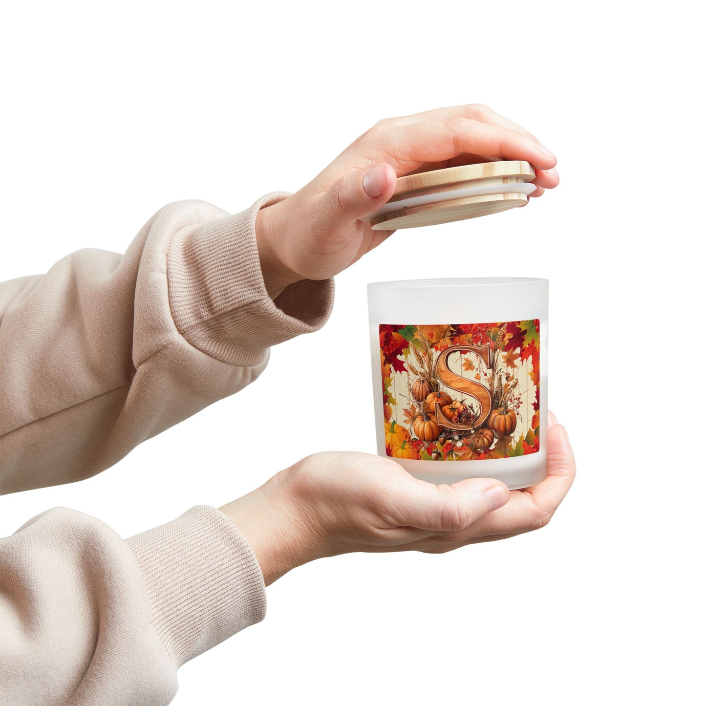 Autumn Monogram 'S' Frosted Glass Candle – Fall Pumpkin & Leaves 11oz