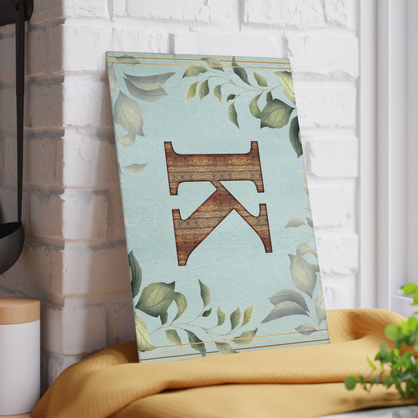 Monogram K Glass Cutting Board – Floral Leaf Kitchen Decor, Personalized Initial Serving Board