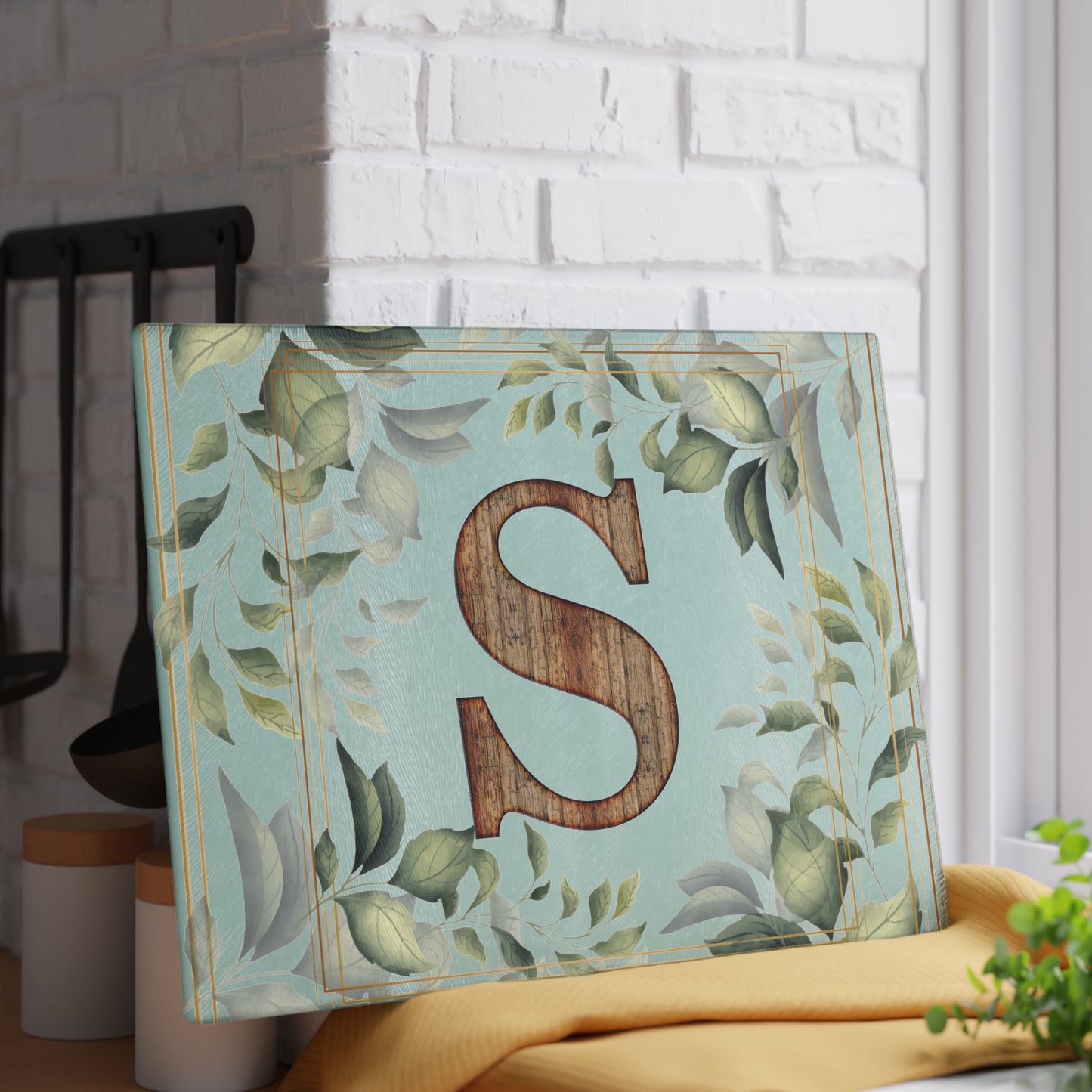 Monogram S Glass Cutting Board — Rustic Wood Initial with Greenery