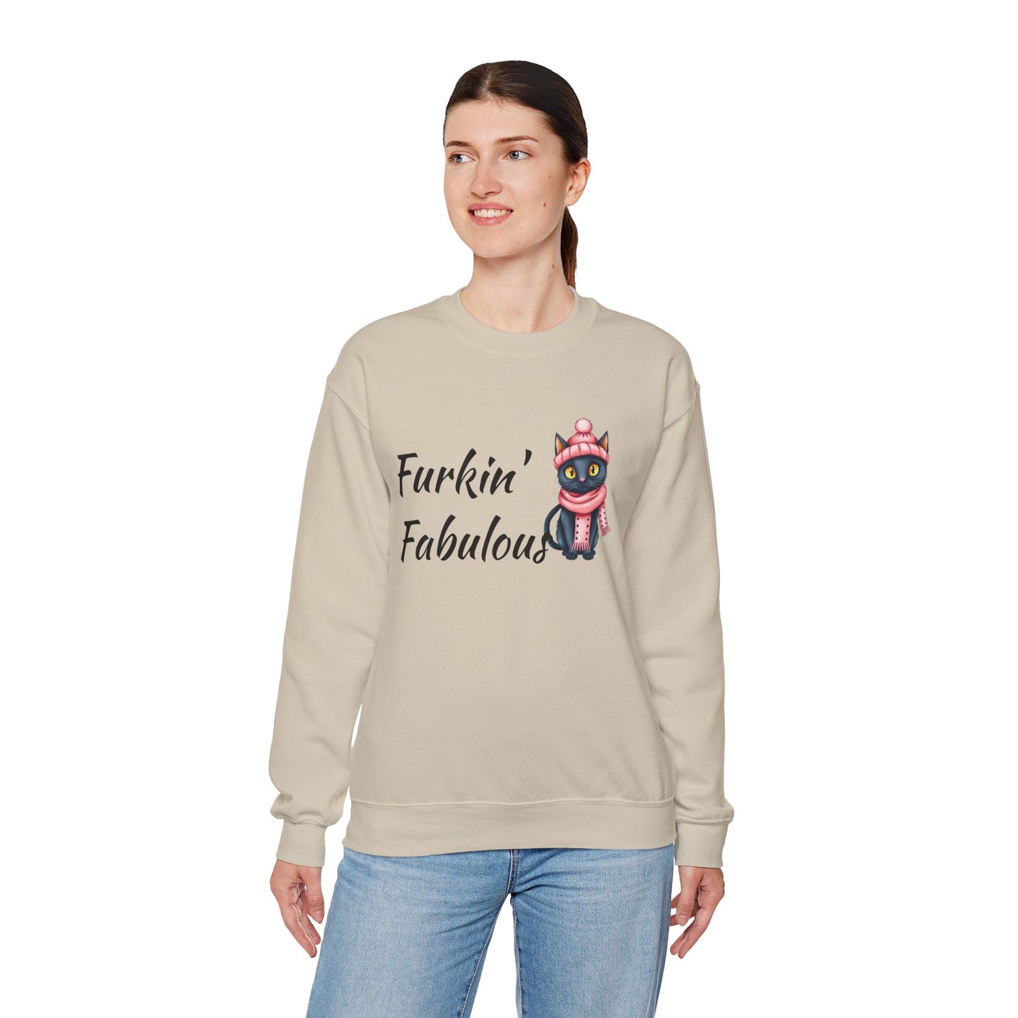 Crewneck Sweatshirt — "Furkin' Fabulous" Cute Black Cat in Pink Hat & Scarf
