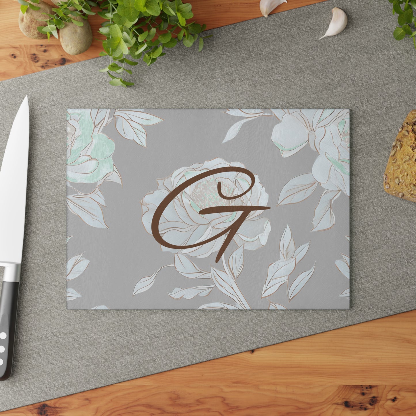 Personalized Floral Glass Cutting Board Letter G