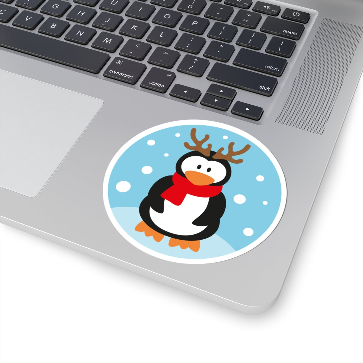 Penguin with Antlers Kiss-Cut Sticker — Cute Holiday Penguin Sticker (Red Scarf, Snowflakes)