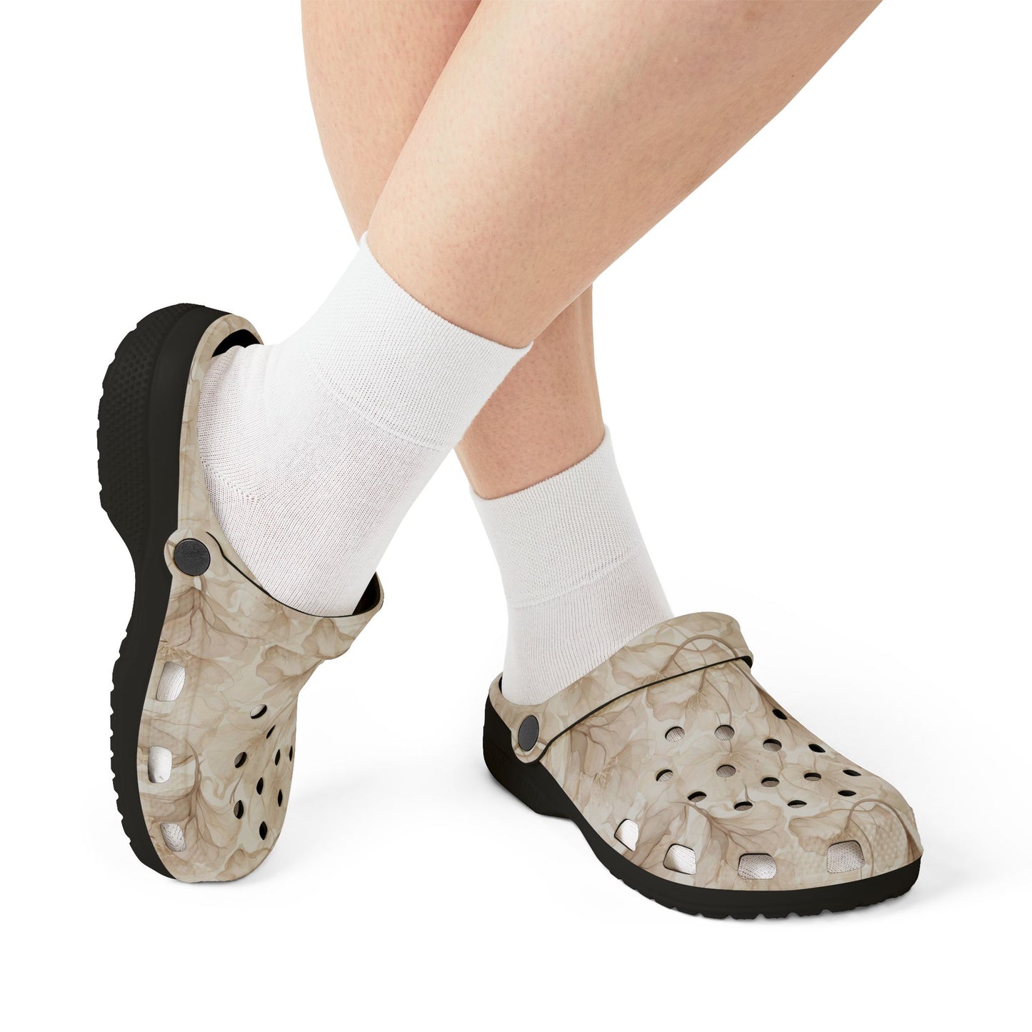 Beige Watercolor Floral Clogs — Lightweight EVA Foam Slip-On Shoes