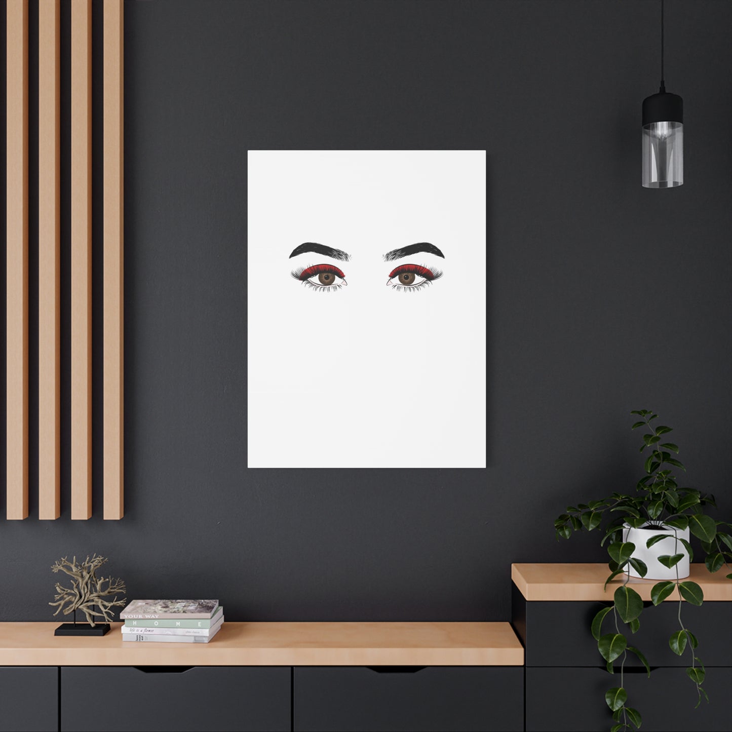 Glam Eyes Matte Canvas Wall Art — Brown Eyes with Red Lashes