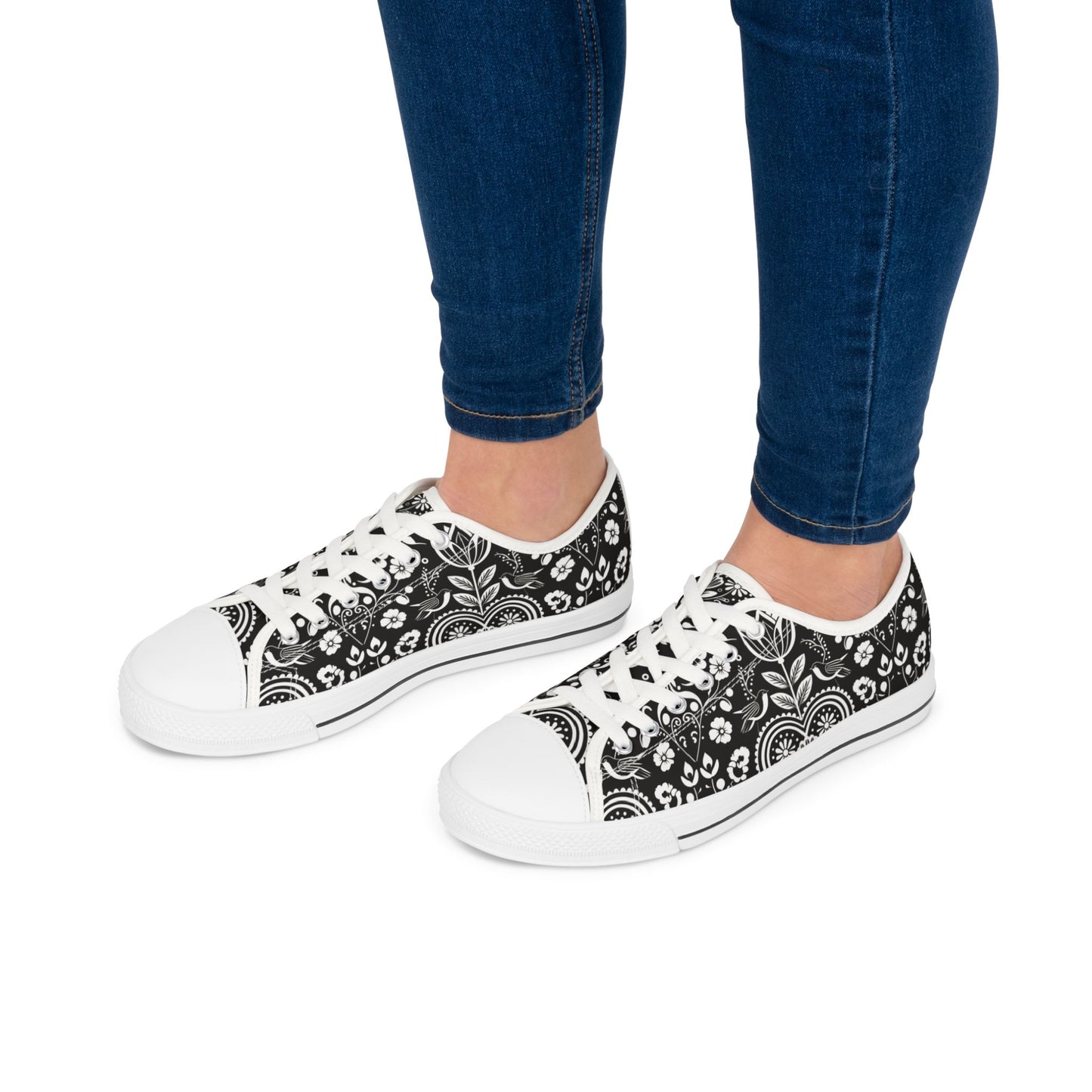 Low Top Sneakers — Black White Paisley Floral Pattern